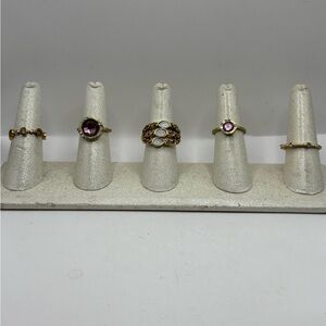 Vintage Costume Ring Lot of 5 Gold Tone Pink White Stone Mixed Sizes
